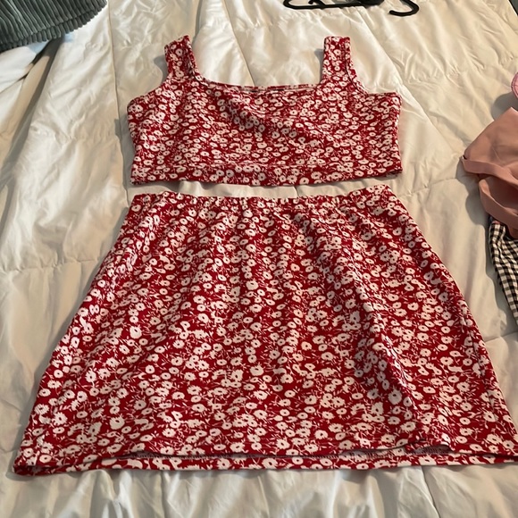 Two piece red and white skirt and top